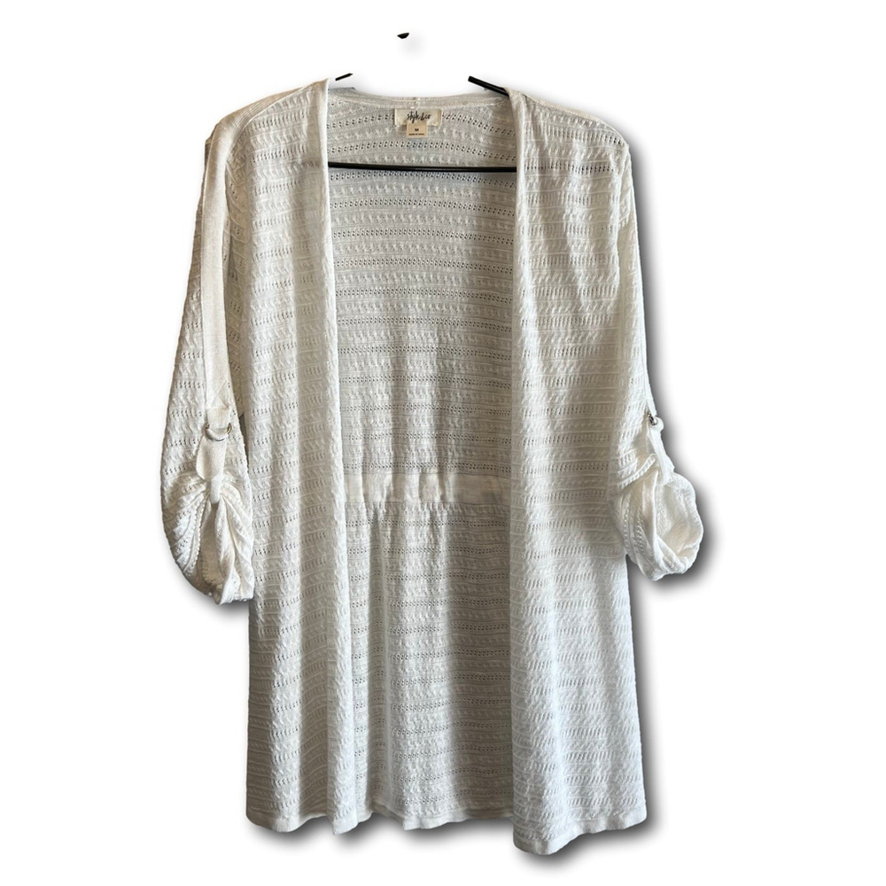 Style & Co Women's Size Medium Knit Open Cardigan White Beach Cover Up
